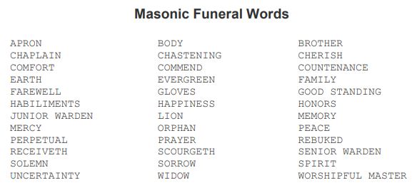 Masonic Funeral Word Find List