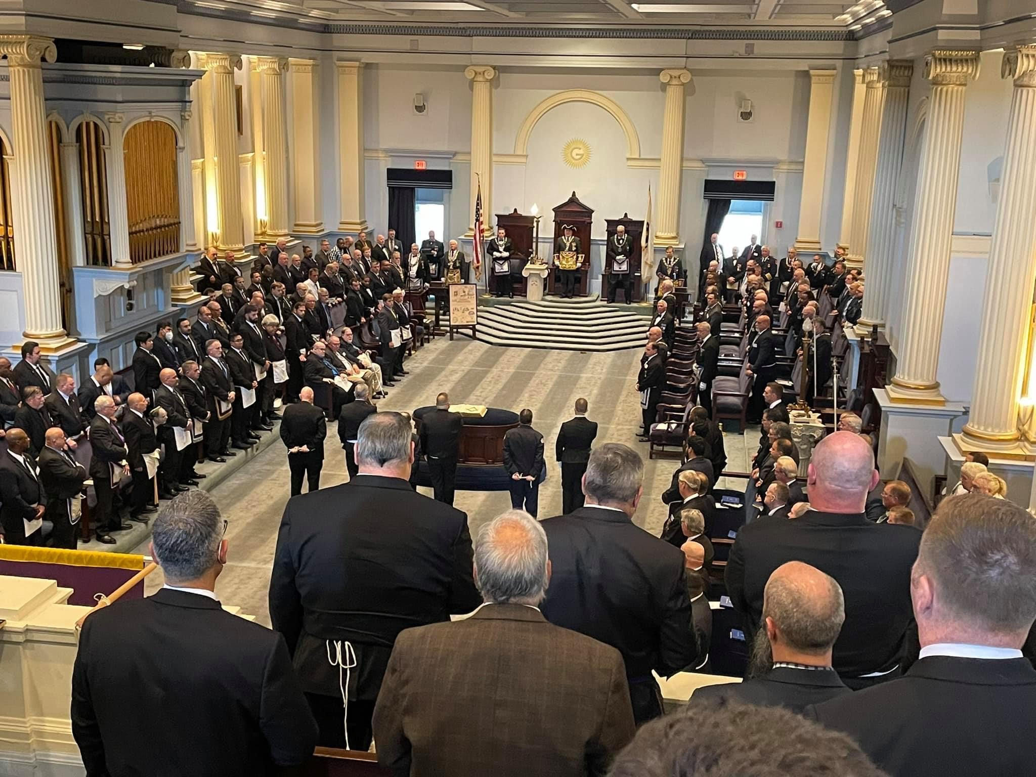 View of Massachusetts Grand Lodge filled with veteran Brothers and new members of the Craft